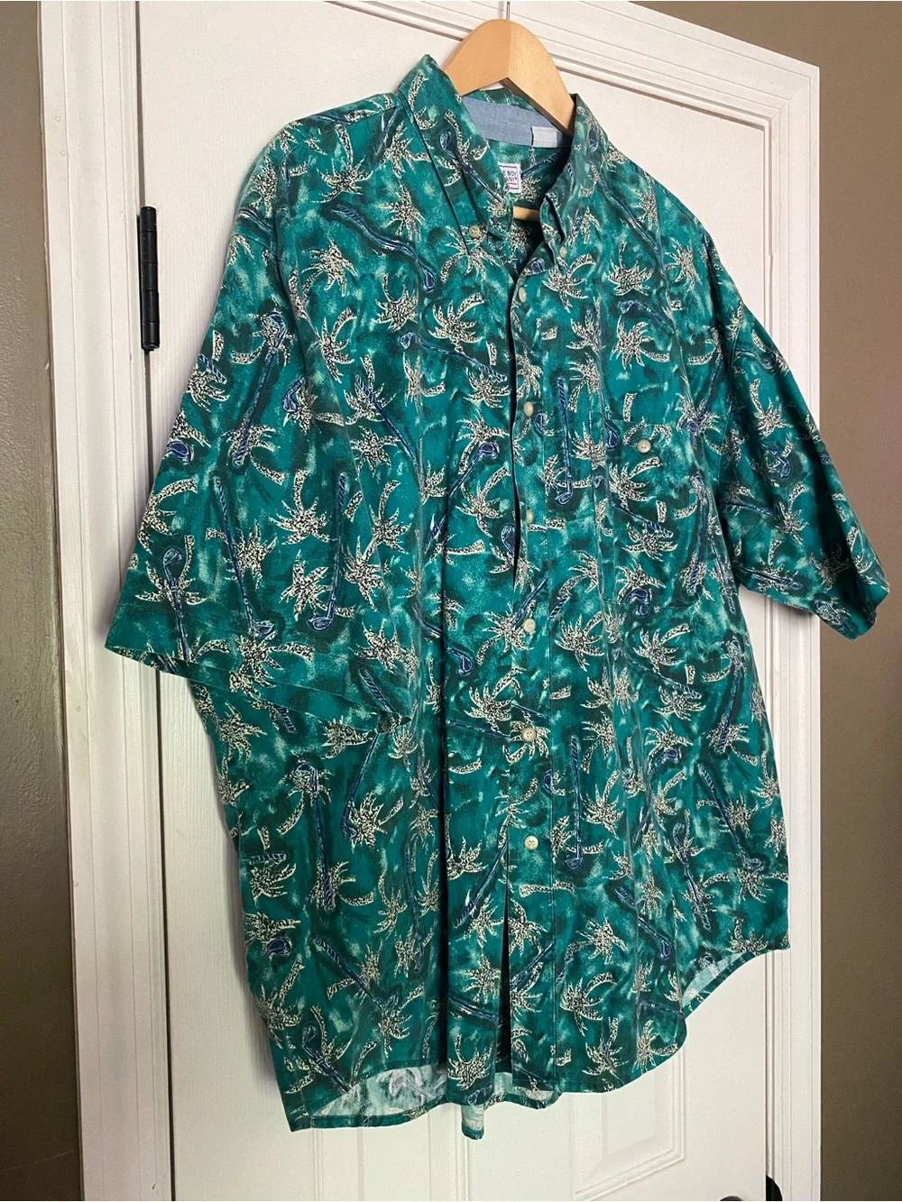 Vintage Bugle Boy Men's Teal Tropical Short-Sleeve Button-Up Shirt - size XL - Picture 2 of 11